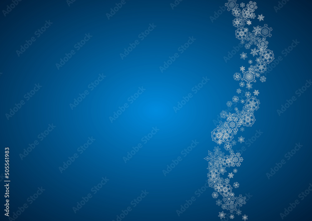Fototapeta premium New year background with silver frosty snowflakes. Horizontal backdrop. Stylish new year background for holiday banner, card. Falling snow with sparkles and flakes for season special offers and sales.