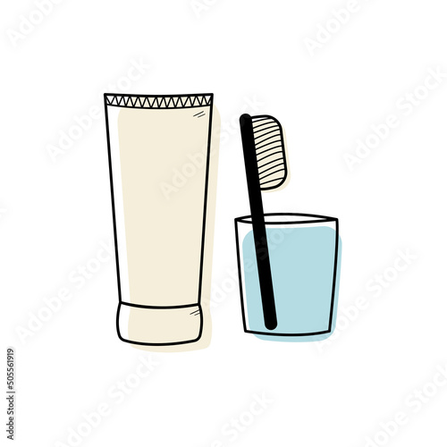 Toothpaste with brush in glass jar doodle style, vector illustration isolated on white background. Black outline contour, dental care, oral hygiene concept