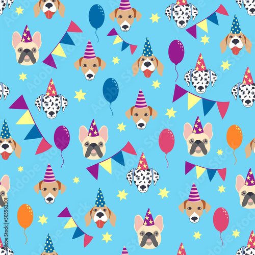 Happy birthday seamless pattern with cartoon dogs of the Dalmatian, Bulldog, Terrier breed. Birthday gifts, balloons