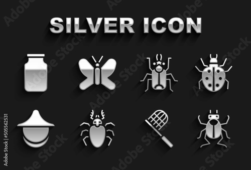 Set Beetle deer, Mite, bug, Butterfly net, Beekeeper hat, Glass jar and icon. Vector