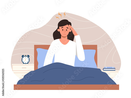 Concept of sleeplessness. Young girl sits on couch at night and holds her head, health problems. Psychological difficulties and depression, insomnia, stress and panic. Cartoon flat vector illustration