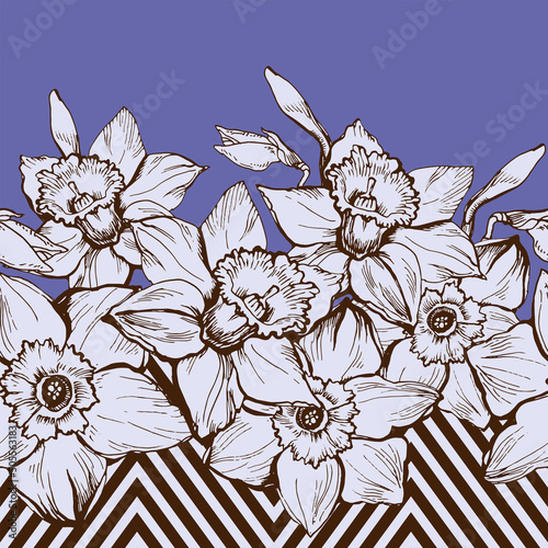 Daffodil flowers floral seamless pattern border with geometric diagonal stripes. Very peri vector swatch in trendy colors of the year. Ornate design for textile, fabric, wallpaper, packaging. 