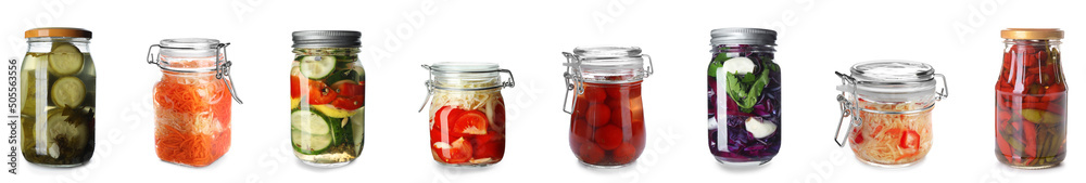 Set of jars with canned vegetables on white background Set of jars with canned vegetables on white background