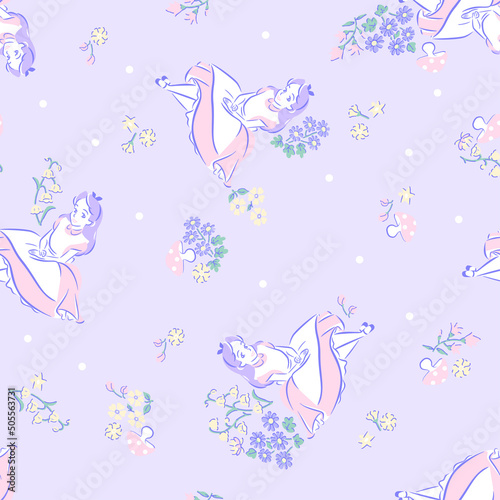 Girl with flowers seamless repeat pattern