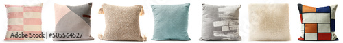 Set of decorative cushions on white background