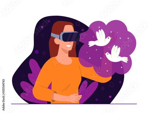 Virtual reality concept. Young girl in vr glasses plays or watches movies. Innovation and futuristic technology, development. Character looks at white pigeons. Cartoon flat vector illustration