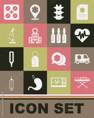 Set Stretcher, Emergency car, Heart rate, Human spine, Medical hospital building, Microscope, Pills blister pack and vial, ampoule icon. Vector