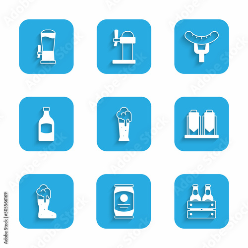 Set Glass of beer, Beer can, Pack bottles, brewing process, Boot glass, Sausage on the fork and tap icon. Vector