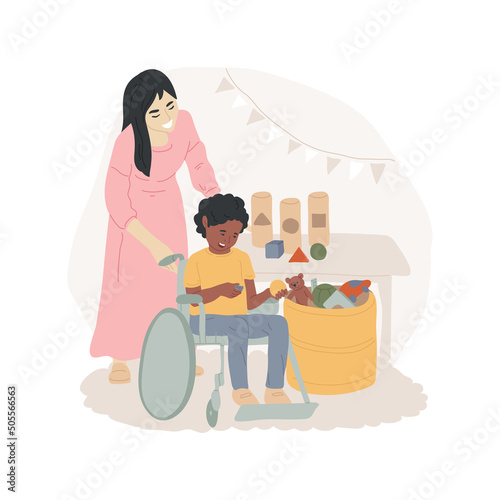 Independent housekeeping isolated cartoon vector illustration. Child learning to clean up toys, inclusive daycare center, children with special health needs, teach housekeeping vector cartoon.