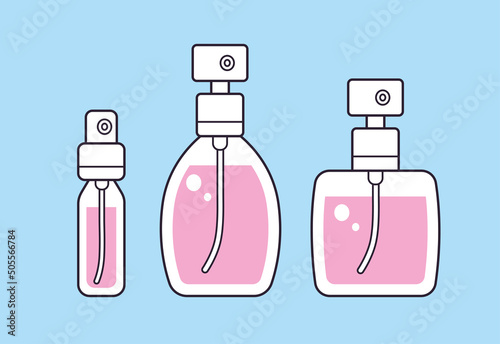 Pink perfume fragrance spray bottles and small sample tester isolated cartoon vector set