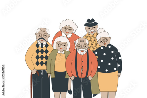 Happy pensioners stand together on a white background. Vector illustration in doodle style.