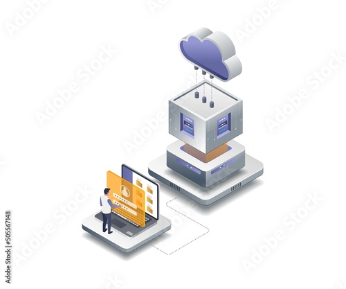 Flat isometric illustration concept. man controlling central server data