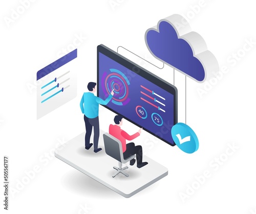 Flat isometric illustration concept. two people control cloud server from monitor