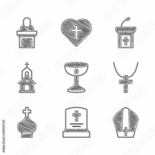 Set Christian chalice, Grave with tombstone, Pope hat, cross chain, church tower, Church building, sermon tribune and pastor preaching icon. Vector