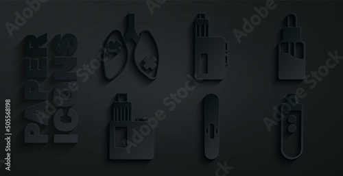 Set Cigar, Vape liquid bottle, mod device, Electronic cigarette, and Disease lungs icon. Vector