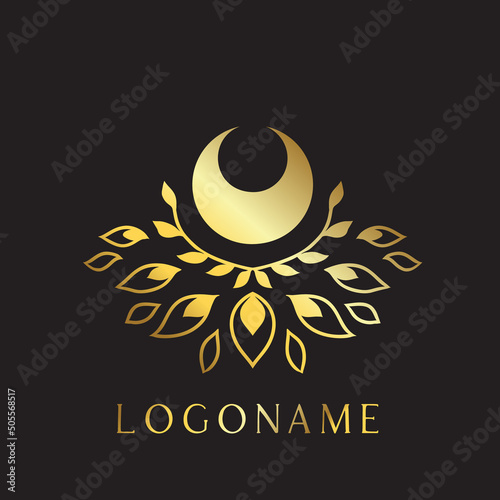 Moon Gold Mystical Gold. Mandala Lotus logo. Vector Illustration. Mandala