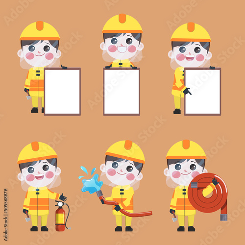 Occupation fireman worker profession cartoon character  cute design vector set. photo