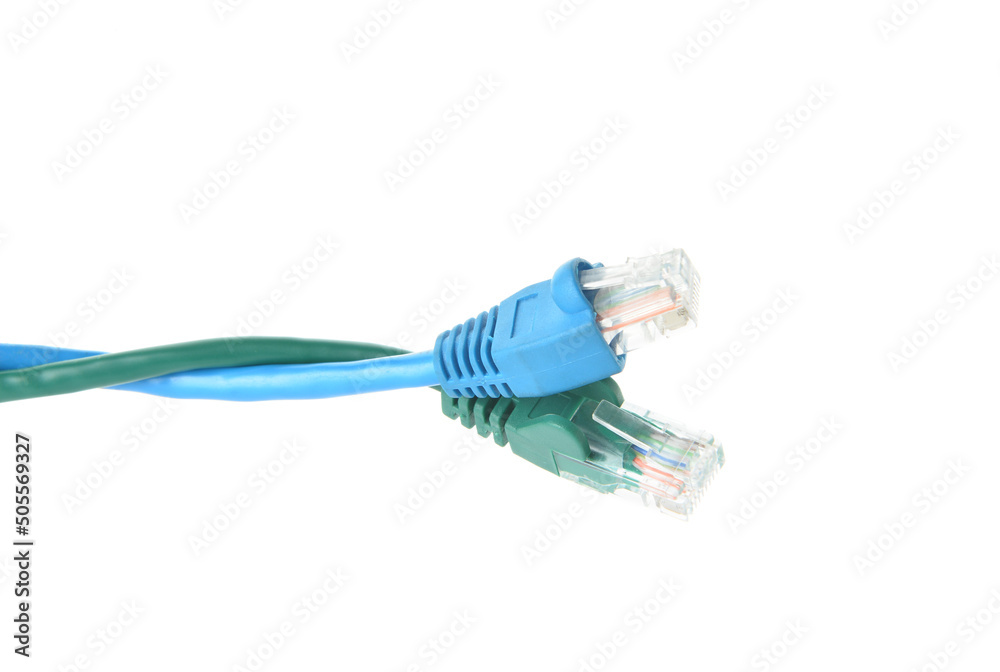 Modern internet cables isolated on white background, closeup Modern internet cables isolated on white background, closeup
