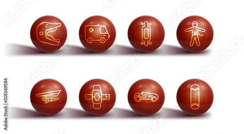 Set line Motocross motorcycle helmet, Hang glider, Bungee jumping, Vintage sport racing car, Knee pads, Ambulance and emergency, Skateboard trick and Longboard skateboard icon. Vector