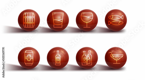 Set line Wooden barrel, Beer can, Dried fish, Bottles of wine, Glass bottle vodka, Cocktail and Wine glass icon. Vector