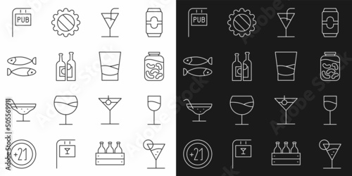 Set line Martini glass, Wine, Pickled cucumbers jar, Cocktail, Bottles of wine, Dried fish, Street signboard with Pub and Glass vodka icon. Vector