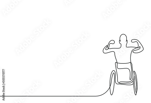 a strong person sitting in a wheelchair shows his muscles