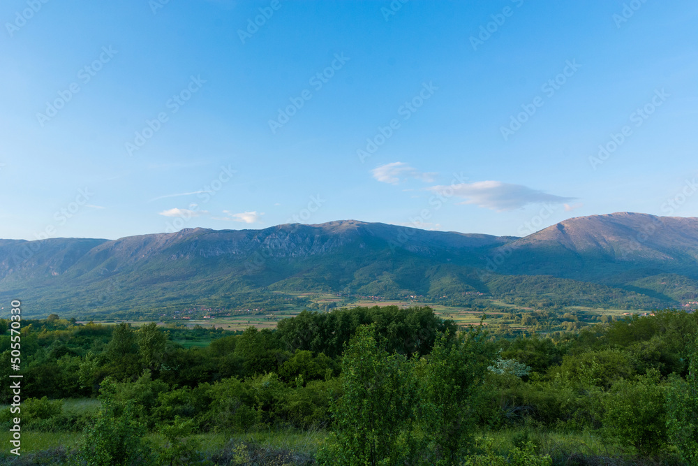 Landscape view of Suva Planina The dry mountain in Serbia on a spring sunset. The top of the mountain is bare and rocky. Natural background concept