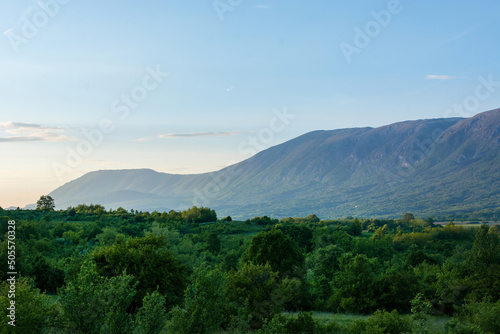 Beautiful landscape view of Suva Planina The dry mountain in Serbia at spring sunset. Natural background concept