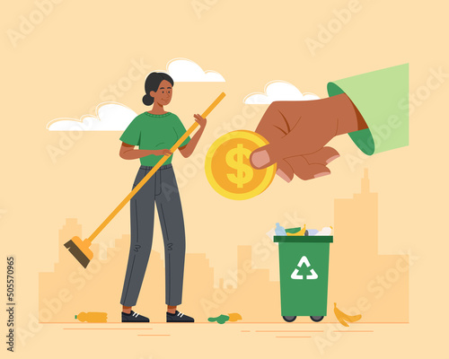 Coin for cleaning lady. Salary cleaner, high salaries and living standards. Comfortable and modern service, young girl with broom happy with coin, private house. Cartoon flat vector illustration