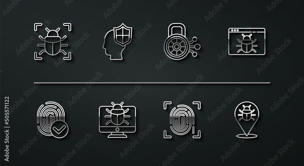 Set line System bug, Fingerprint, on monitor, Head with shield, and Cyber security icon. Vector Set line System bug, Fingerprint, on monitor, Head with shield, and Cyber security icon. Vector