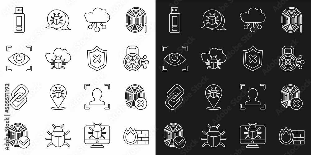Set line Firewall, security wall, Cancelled fingerprint, Cyber, Internet of things, System bug on cloud, Eye scan, USB flash drive and Shield with cross mark icon. Vector