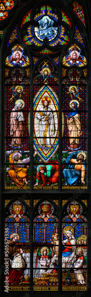Stained-glass window depicting the Transfiguration of Jesus Christ. Votivkirche – Votive Church, Vienna, Austria. 2020-07-29.
