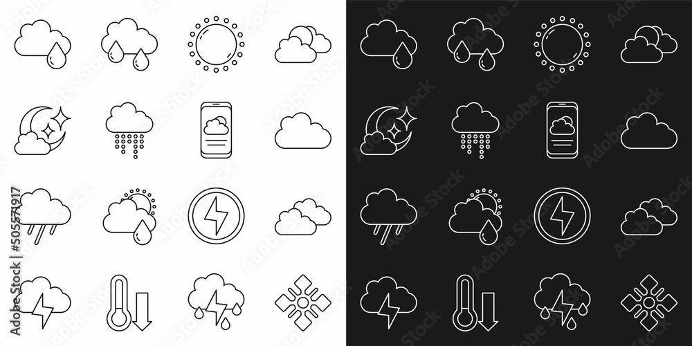 Set line Snowflake, Cloud, Sun, with rain, moon, and Weather forecast icon. Vector