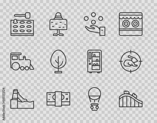 Set line Water slide, Roller coaster, Juggling ball, Stacks paper money cash, Arcade game machine, Tree, Hot air balloon and Hunt rabbit with crosshairs icon. Vector