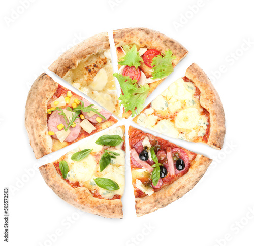Slices of different tasty pizzas on white background, top view