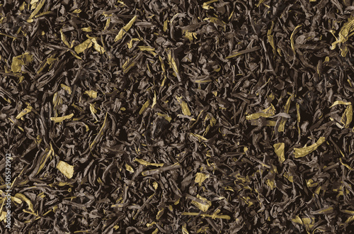Realistic illustration of loose leaf tea background with cornflower and calendula petals. A blend of Ceylon black and green teas. View from above.