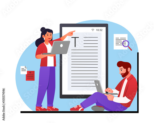Create content concept. Man and girl developing article. Copywriters and freelancers. Modern technologies and work on Internet, content for websites and pages. Cartoon flat vector illustration
