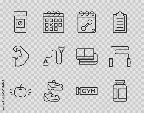 Set line Apple, Sports nutrition, Calendar fitness, sneakers, Anabolic drugs, Chest expander, Location gym and Jump rope icon. Vector