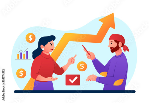Graph growth concept. Man and girl discussing statistics, analytical department conducting marketing research. Company development and brainstorming, investors. Cartoon flat vector illustration