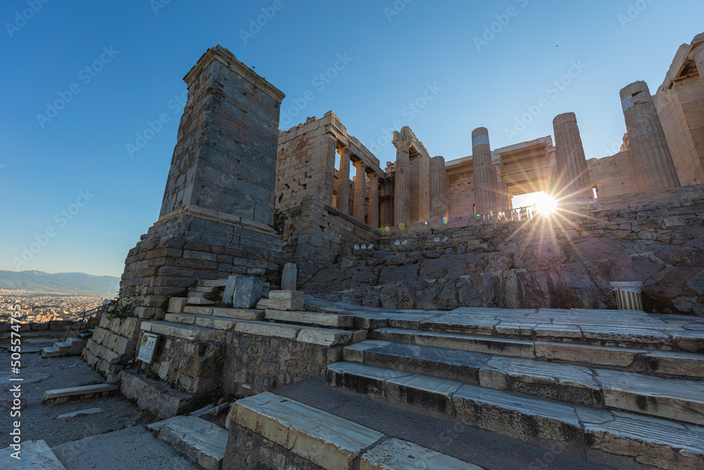 Athens, Greece - July 26, 2021: The acropolis, most famous citadel the Parthenon on the hills of Athens.  One of the most visited travel destinations. Tourists from all over the world come to visit