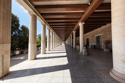 Athens, Greece - July 26, 2021: Stoa of Attalos, covered walkway or portico in the Agora of Athens. Typical for Hellenistic age, the stoa was more elaborate and larger than earlier building of ancient