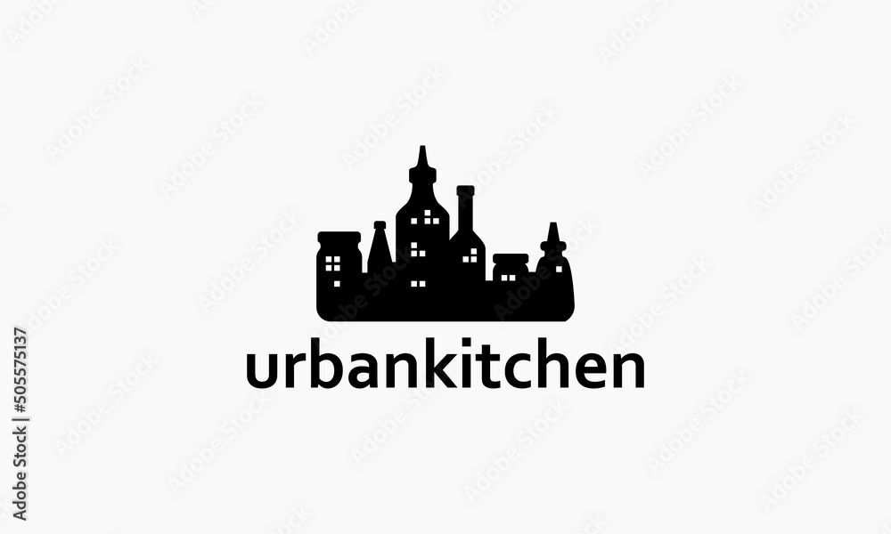 Obraz premium logogram pictogram logomark combination cityscape and silhouette herbs bottle, simple modern style