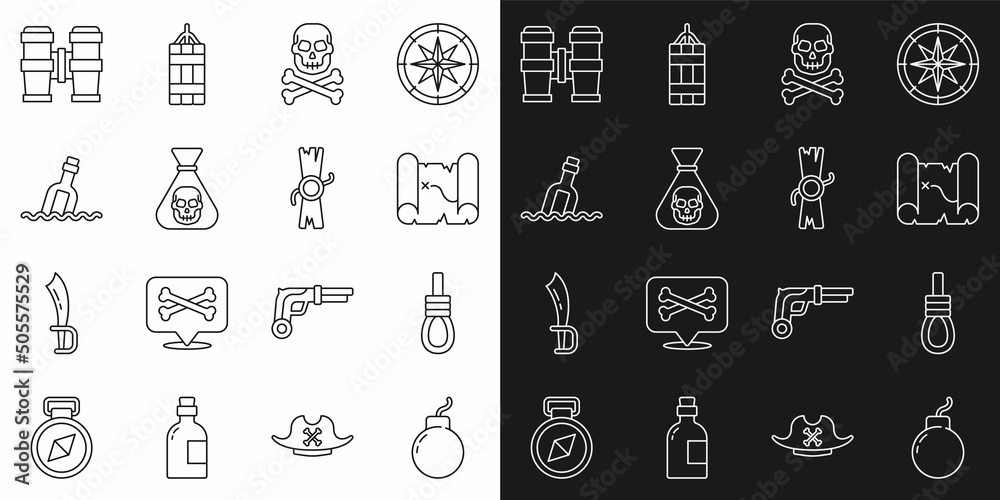 Set line Bomb ready to explode, Gallows rope loop hanging, Pirate treasure map, Skull on crossbones, coin, Bottle with message water, Binoculars and Decree, parchment, scroll icon. Vector