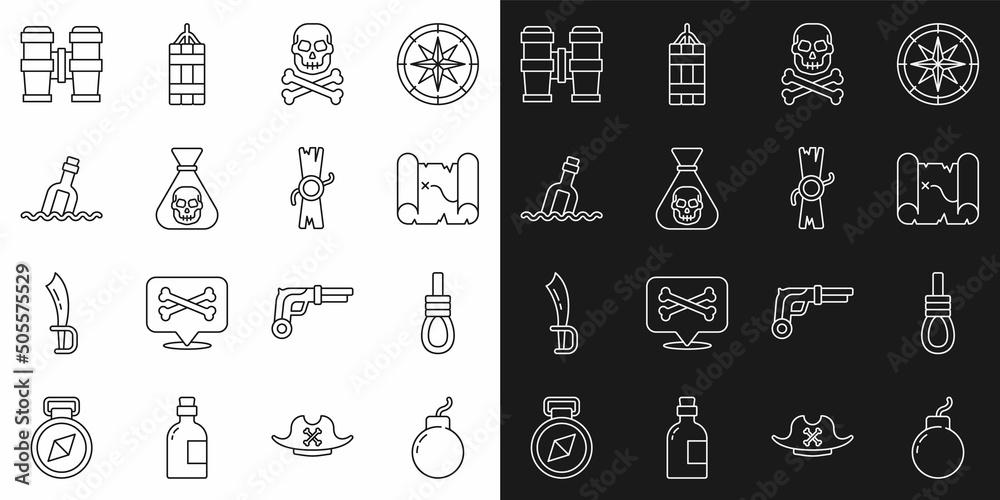 Set line Bomb ready to explode, Gallows rope loop hanging, Pirate treasure map, Skull on crossbones, coin, Bottle with message water, Binoculars and Decree, parchment, scroll icon. Vector Set line Bomb ready to explode, Gallows rope loop hanging, Pirate treasure map, Skull on crossbones, coin, Bottle with message water, Binoculars and Decree, parchment, scroll icon. Vector