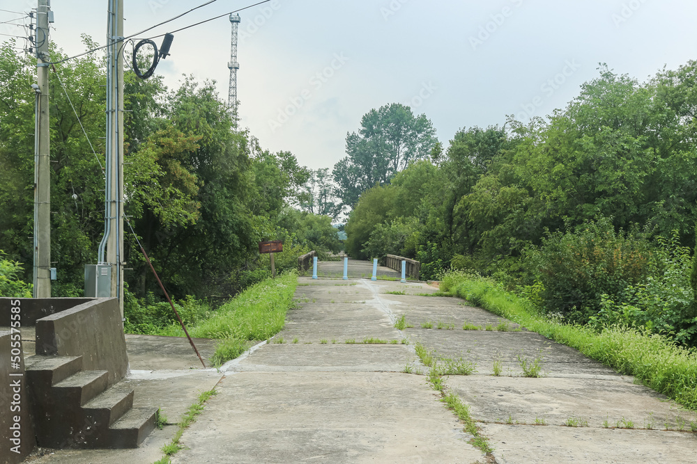 Panmunjom, South Korea - July 28, 2020: The bridge of no return in the Korean demilitarized zone or DMZ. Used for prisoner exchanges at the end of the Korean Armistice. Military Demarcation Line