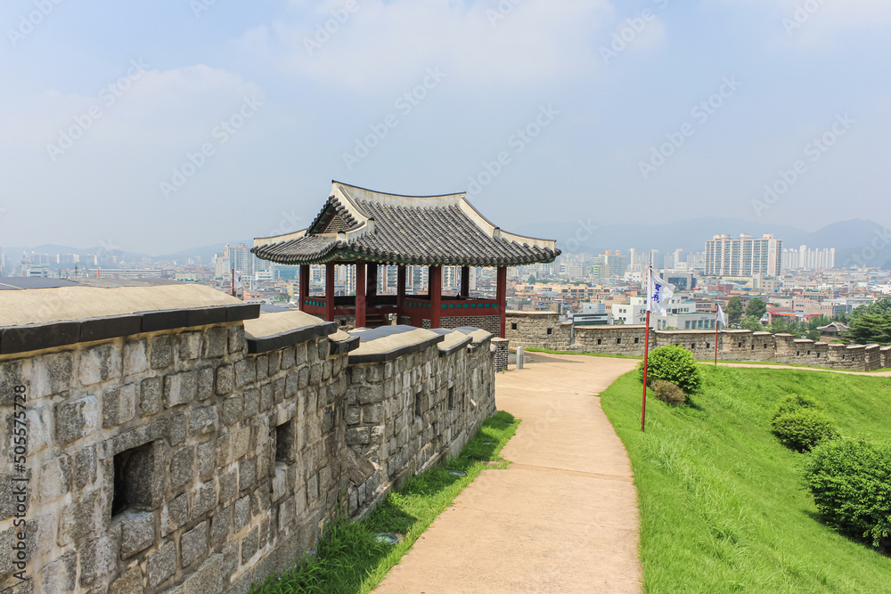 Seoul, South Korea - July 26, 2021: Suwon Hwaseong Fortress is a fortification surrounding the centre of Suwon. The fortress had four gates: Janganmun, Hwaseomun, Paldalmun and Changnyongmun