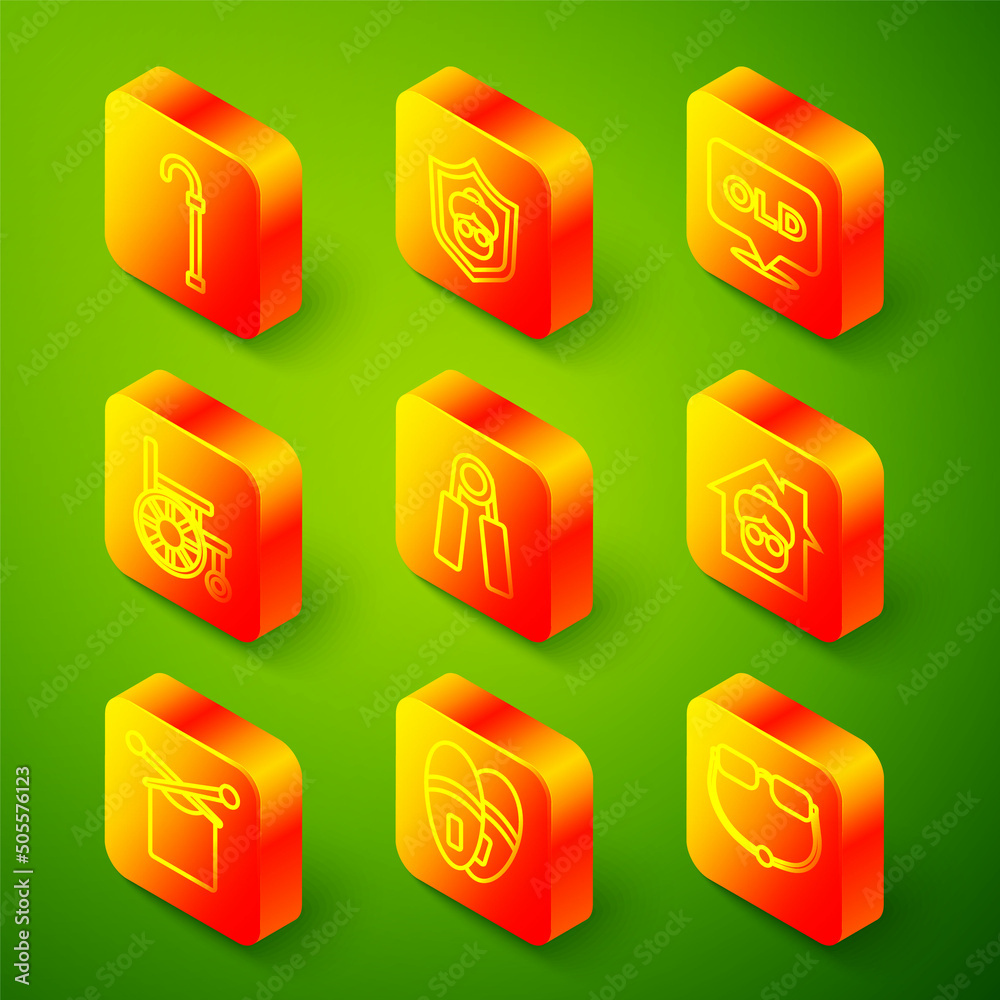 Set line Walking stick cane, Grandmother, Nursing home, Wheelchair, Sport expander, Knitting and Slippers icon. Vector