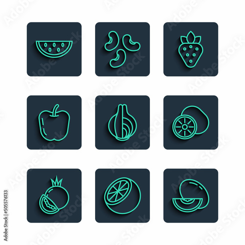 Set line Tomato, Orange fruit, Melon, Strawberry, Onion, Apple, Watermelon and Kiwi icon. Vector