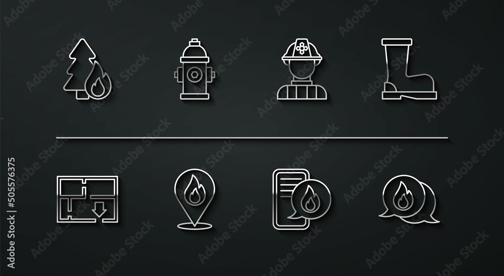 Set line Burning forest tree, Evacuation plan, Fire boots, Phone with emergency call 911, Location fire flame, hydrant, Telephone and Firefighter icon. Vector Set line Burning forest tree, Evacuation plan, Fire boots, Phone with emergency call 911, Location fire flame, hydrant, Telephone and Firefighter icon. Vector