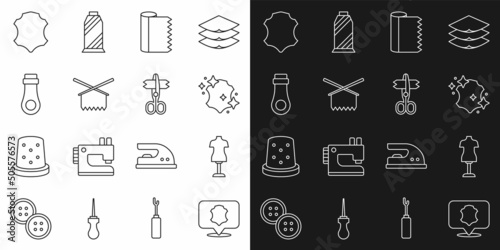 Set line Leather, Mannequin, Textile fabric roll, Knitting needles, Zipper, and Scissors icon. Vector